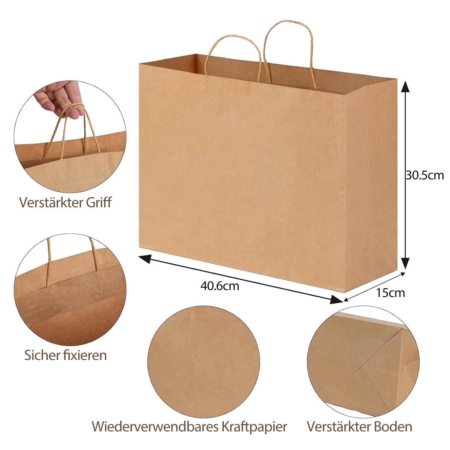 50 sztuk torebek prezentowych XL z uchwytami, torby do przechowywania, na urodziny, wesela, Dzień Matki, zakupy, DIY, duże 40,6 x 15 x 30,5 cm, brązowe, luzem, 50 sztuk