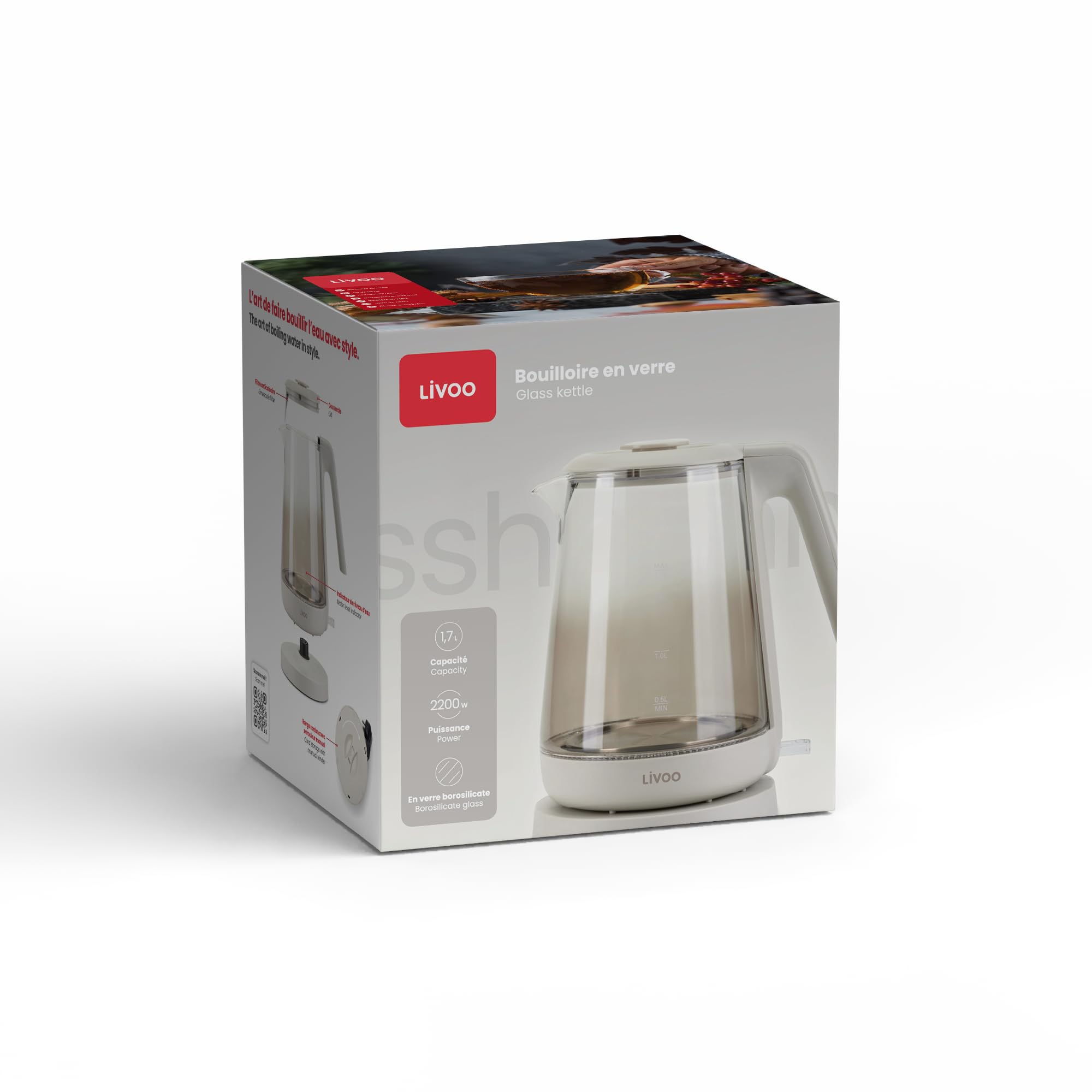 Bollitore - Livoo - Dod216g - 2200 W - 1,7 L - Vetro / Grigio