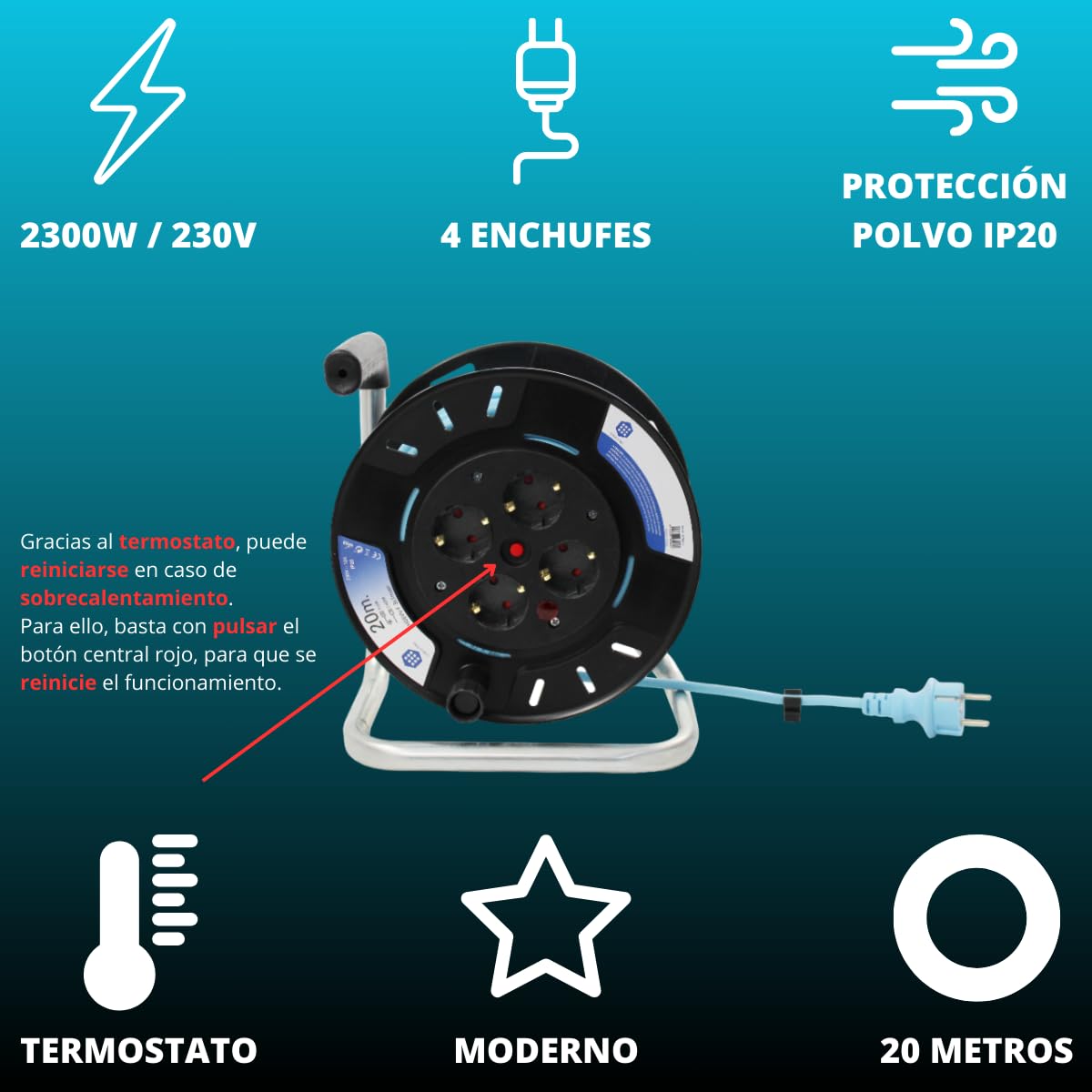 Alargador Enchufe 20 Metros - Alargadera Enrollable 20 Metros, Extensible Eléctrico IP20, Regleta Enrollable 4 Enchufes, 2300W, 230V, Cable 1mm, Enchufe Schuko Tipo F, 24x15x26 cm