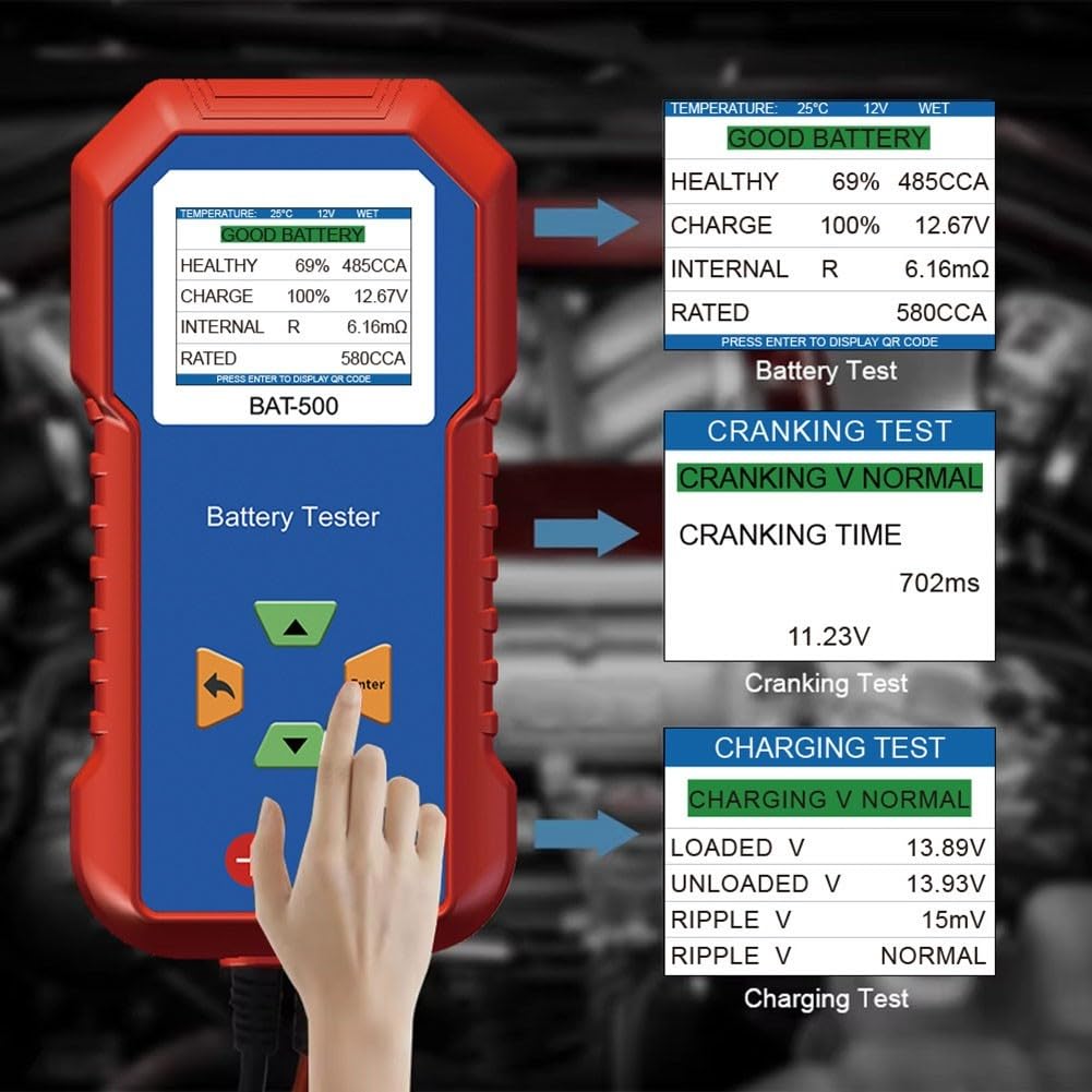 Batterietester 12V/24V für Blei-Säure-AGM-EFB-Lithium-Akkus, Innenwiderstand-Messgerät mit Farbdisplay, CCA-SOC-SOH-Diagnose für Auto-LKW-Werkstatt