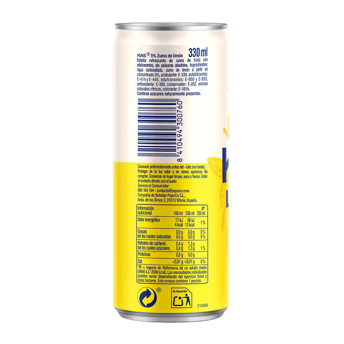 KAS Limón Zero Refresco con Zumo de Limón Sin Azúcares Añadidos, Latas 330 ml Pack 24