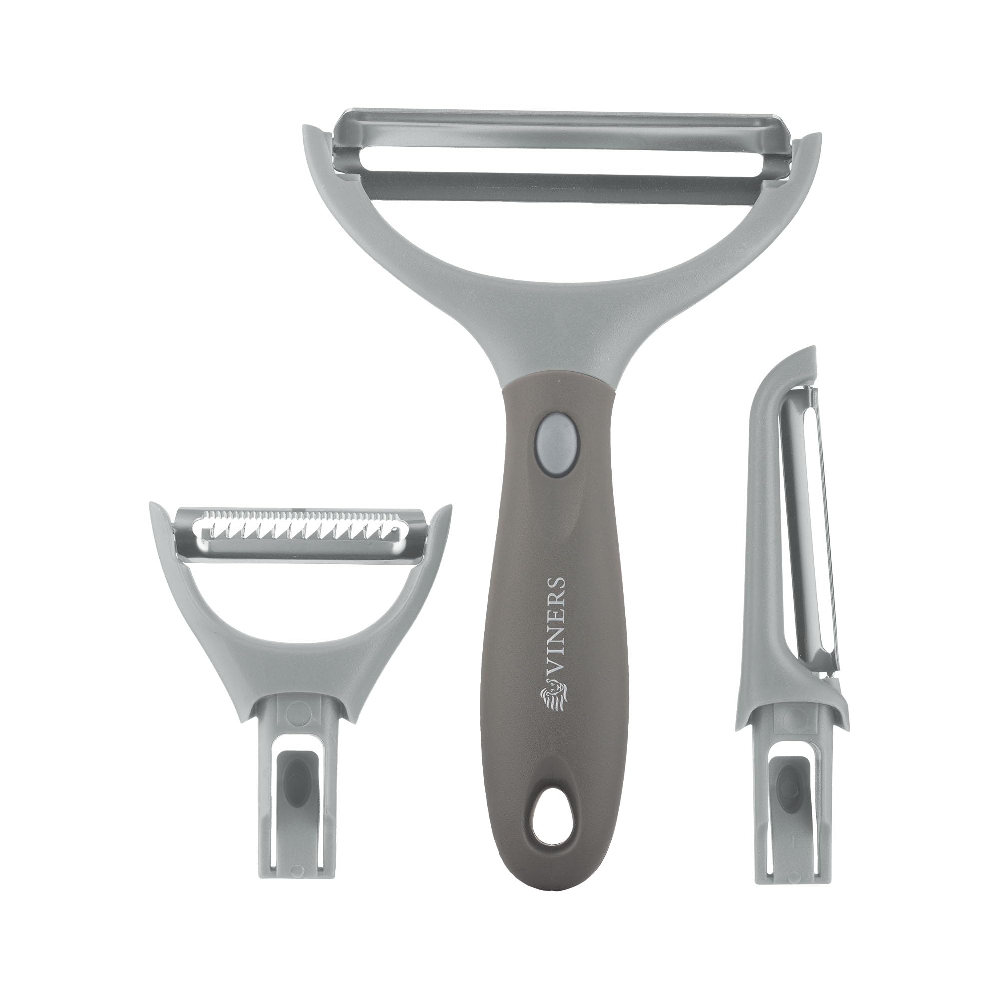 Viners 3-in-1 Switchable Peeler | Stainless Steel Multi-Function Peeler with Straight, Julienne & Wide Blades | Compact Space-Saving Kitchen Gadget | Grey & Silver | Easy Fruit & Veg Prep