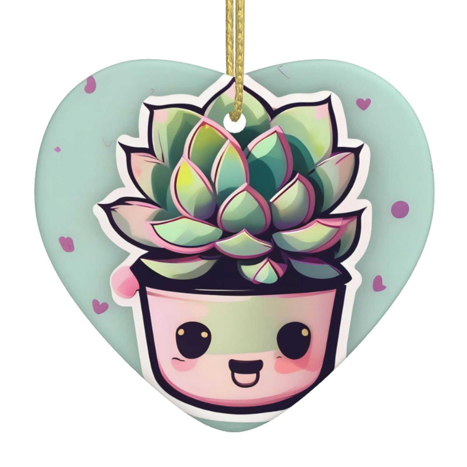 Smiling Succulents Ceramic Christmas Heart Pendant with Silk Thread, Christmas Tree Home Decoration