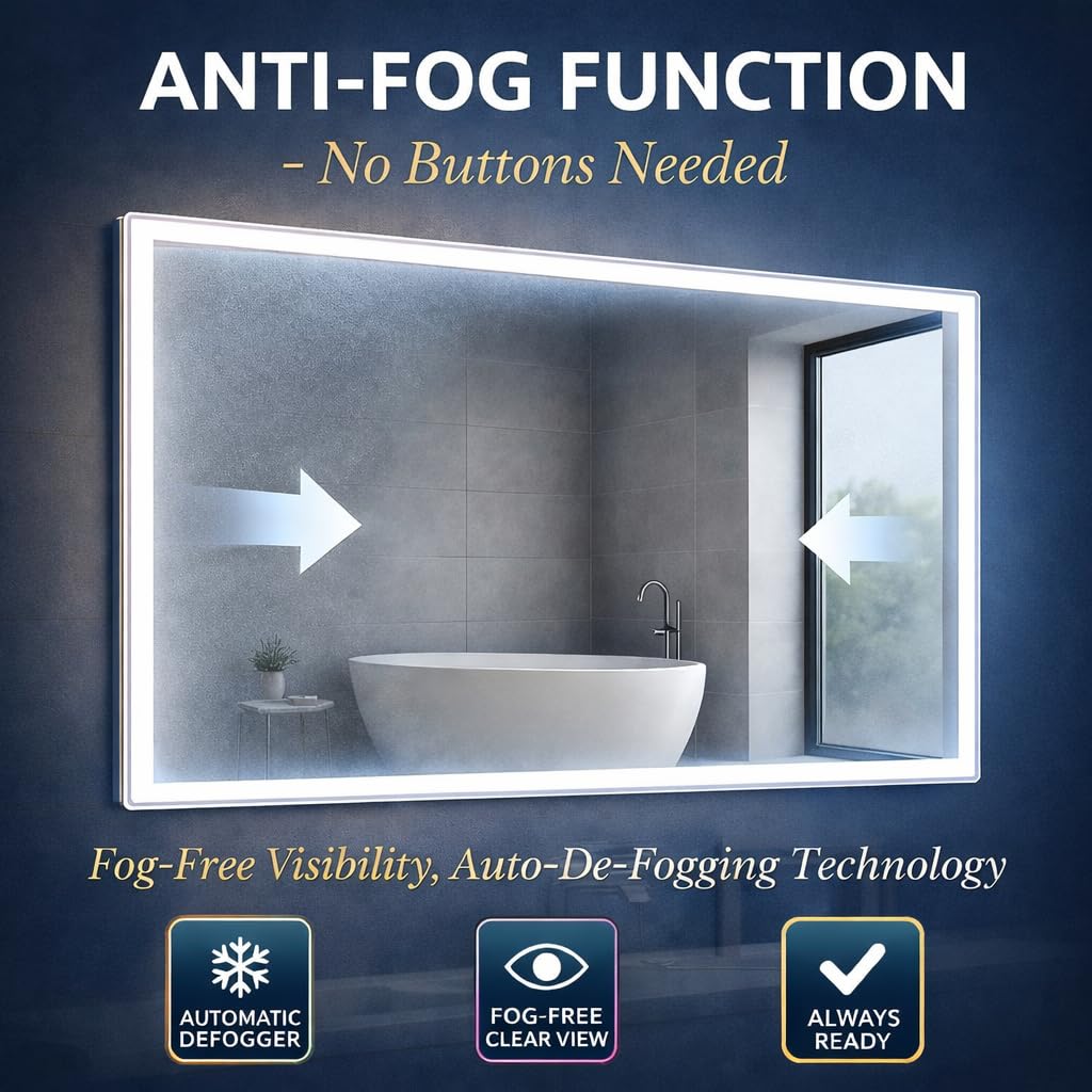 Espejo de Baño con Luz LED 80×60 cm. Espejo de baño Bluetooth y Anti-vaho – Iluminación Ajustable 3 Tonos, Espejo Moderno para Baño, Maquillaje y Aseo – Montaje Horizontal