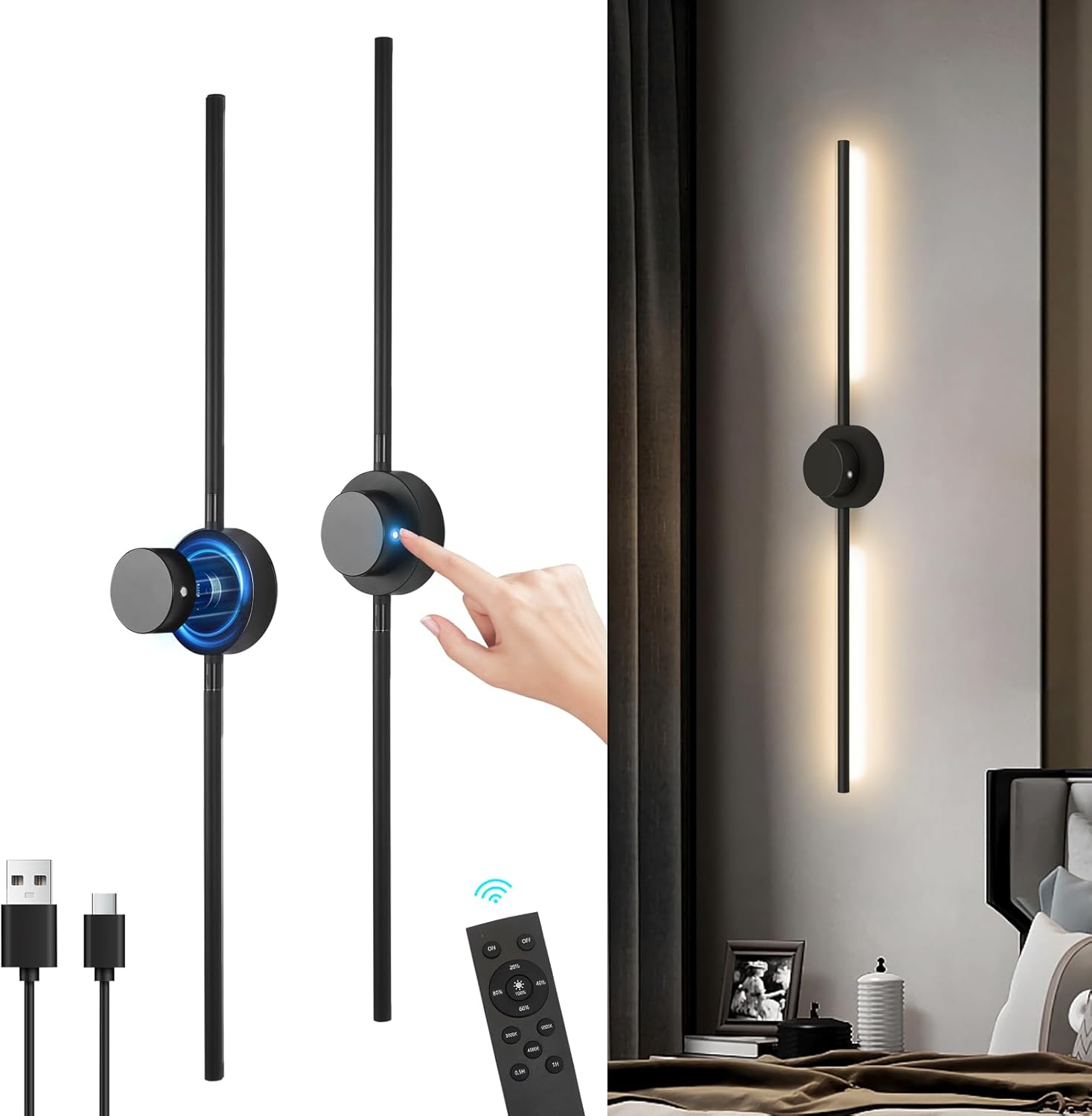 Battery Operated Wall Sconces Set of Two with Remote,Stepless 3CCT Dimmable, USB Rechargeable Wireless Wall Lamp,360°Rotate Wall Lights for Bedroom,43.3inch (A Pair of Batteries)