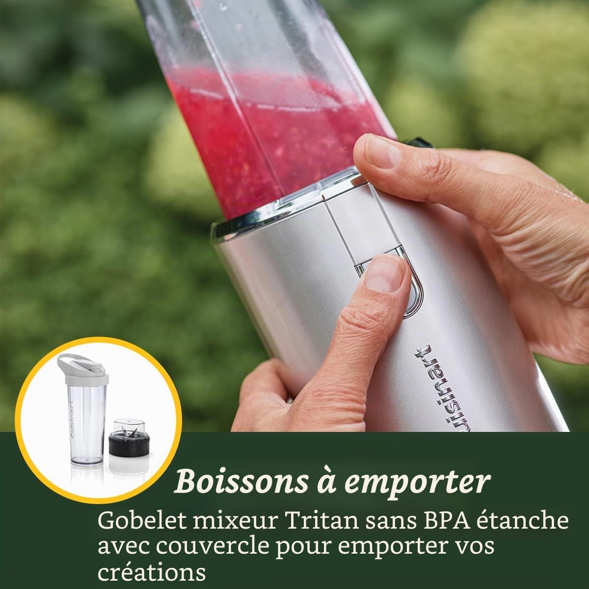 Cuisinart Blender sans fil 450 ml Bouteille de smoothie portable, broyeur à glace, frappe, milkshakes rechargeable par USB, tasse à mélanger portable sans BPA avec couvercle inclus