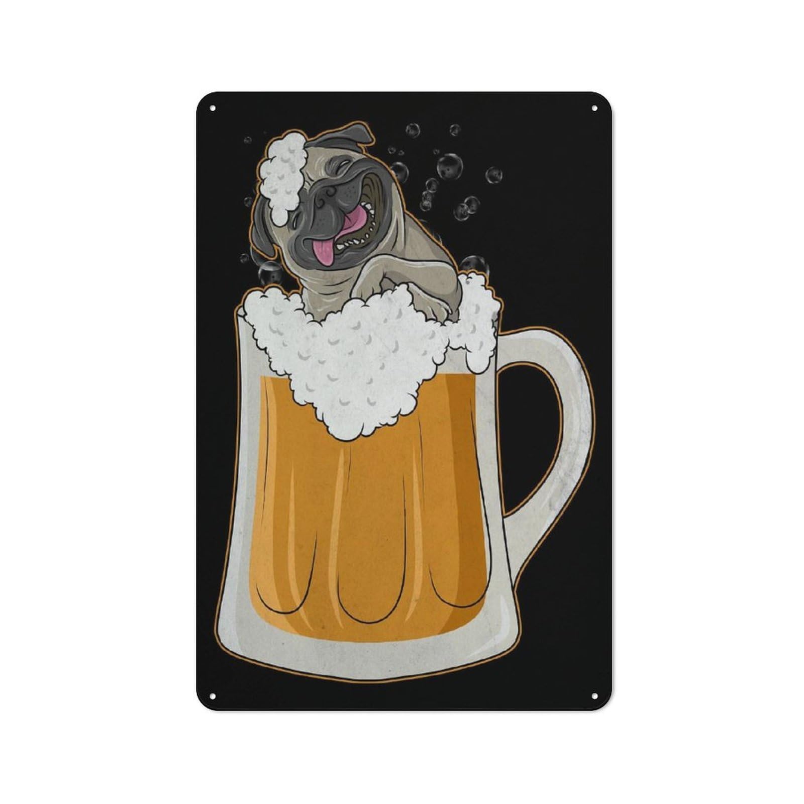 Junmoney Pug Dog Beer Drinking Part Metal Wall Sign 30X20cm Featuring For Hallway Wall, For Kitchen, Dining Room And Home Bar Wall Decor
