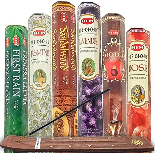 Hem Incense Sticks Variety Pack - (6 Variants, 120 Stick + Free Wooden Holder) | Lavender Incense, Sandalwood Incense, Rose Incense, Oud Incense, First Rain & Jasmine Incense Sticks