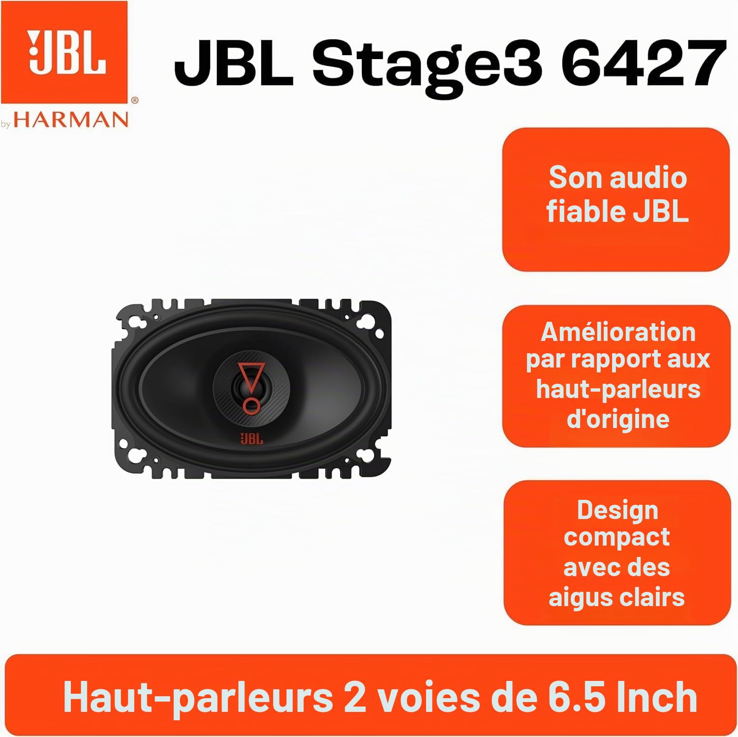 JBL Stage3 6427 Ensemble d'enceinte voiture à 2 voies de Harman Kardon - Haut Parleur Voiture de 175 watts - Baffle Voiture Ovale JBL de 4" x 6" | 10 x 15 cm