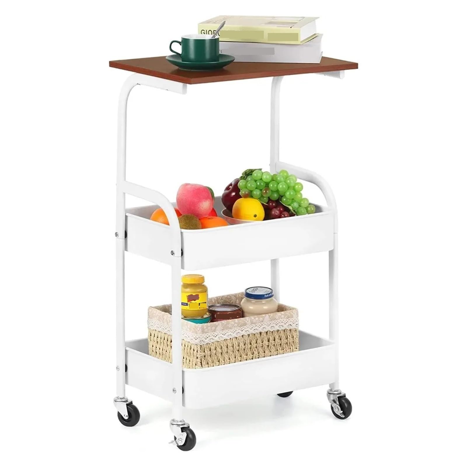 FZL02068LM Serving Trolleys Kitchen Rolling Storage Cart, 3-Tier Slim with Wheels, Mobile Utility with Wooden Tabletop, White Organization