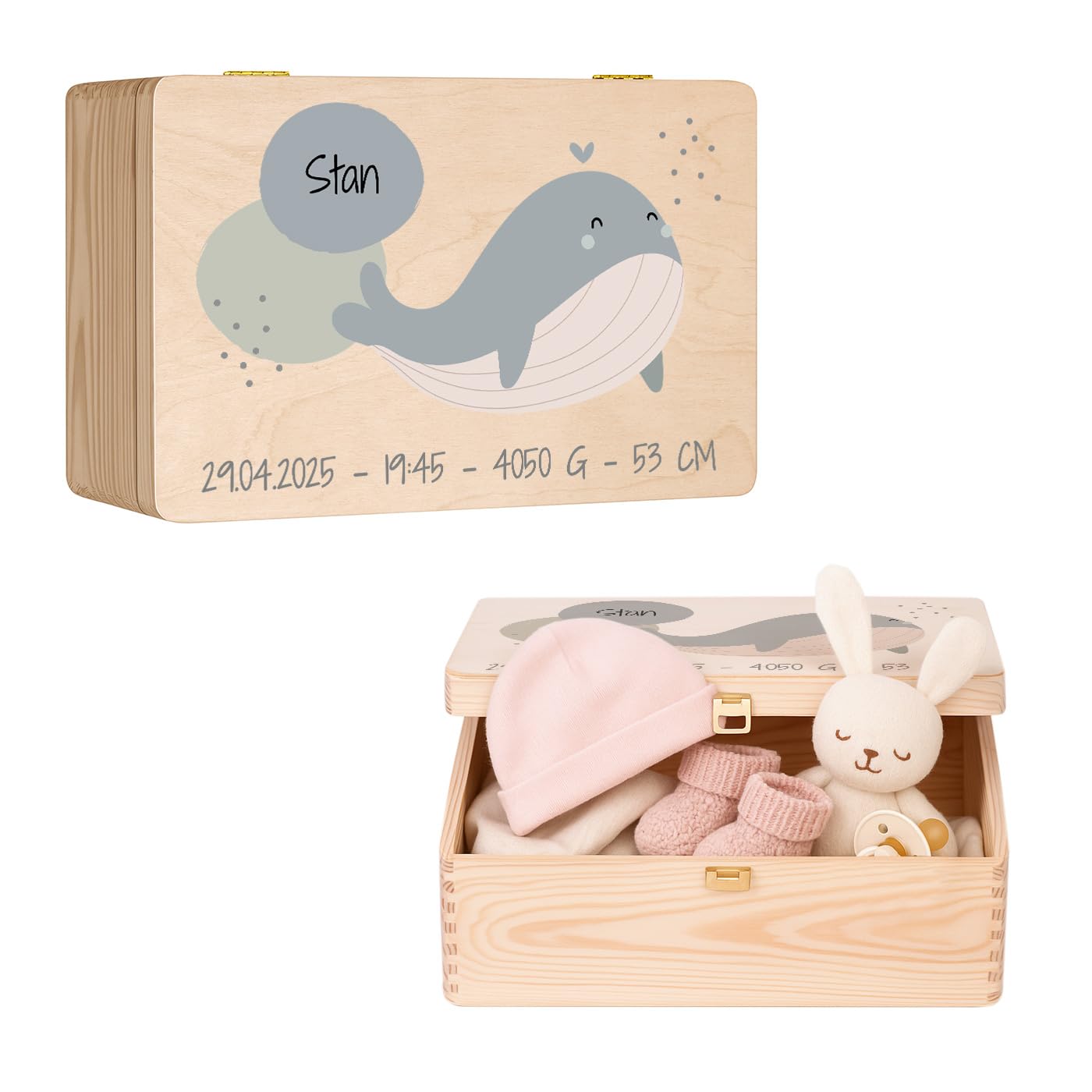 Maverton Erinnerungsbox Baby mit Namen - Aufbewahrungsbox mit Deckel - personalisierte Geschenke Baby - Geschenk für Mädchen und Jungen zur Geburt zur Taufe - aus Kiefernholz