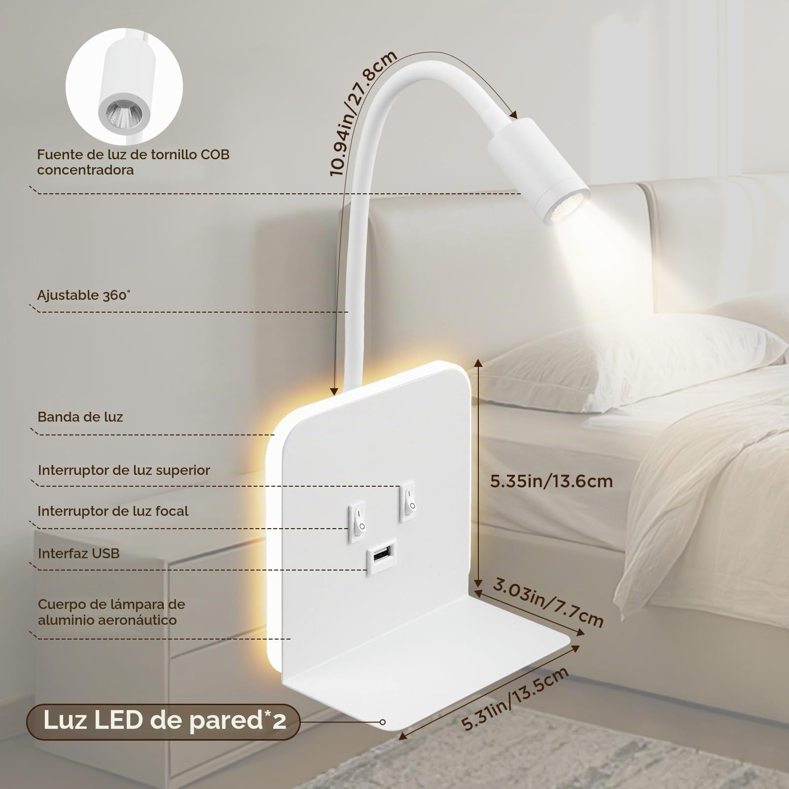 lampara de Pared LED 3W + 9W 3000K, lampara cabecero Cama con Puerto Cargadores USB y Bandeja para teléfono móvil, Apliques Pared Dormitorio Cuello de Cisne de 360°(Weiß, 2 Stück)