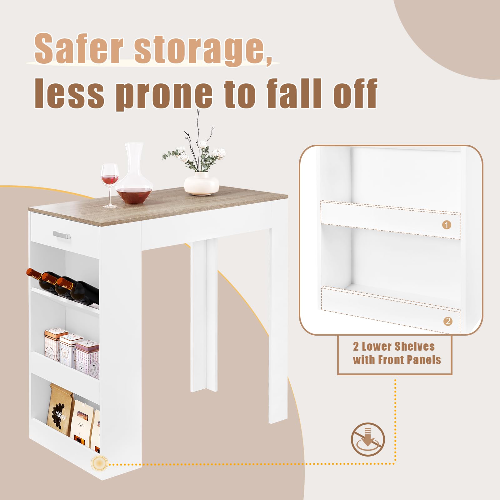 WOLTU Mesa Bar Alta, Mesa Cocina con Estantería Lateral de 1 Cajon 1 Botellero y 2 Estantes, Mesa para Comedor Salón (Sin Tablas de Madera, Blanco + Roble Claro, 100 x 50 x 100 cm)