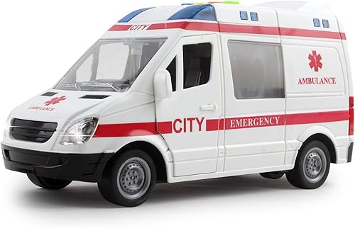 Miniatura 1 de Vokodo Ambulancia de rescate alimentada por fricción a escala 116 con luces y sonidos, transporte médico para niños, vehículo de emergencia Push and