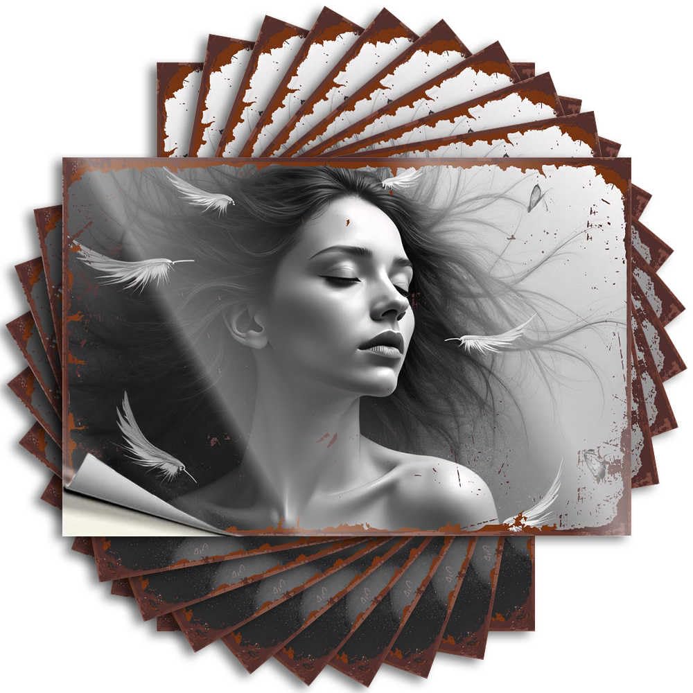 Whispering Feathers: A Dreamy Portrait in Black and White Helmet Great - Spring Porch Decor Saying Self Adhesive Sticker(8X12CM)