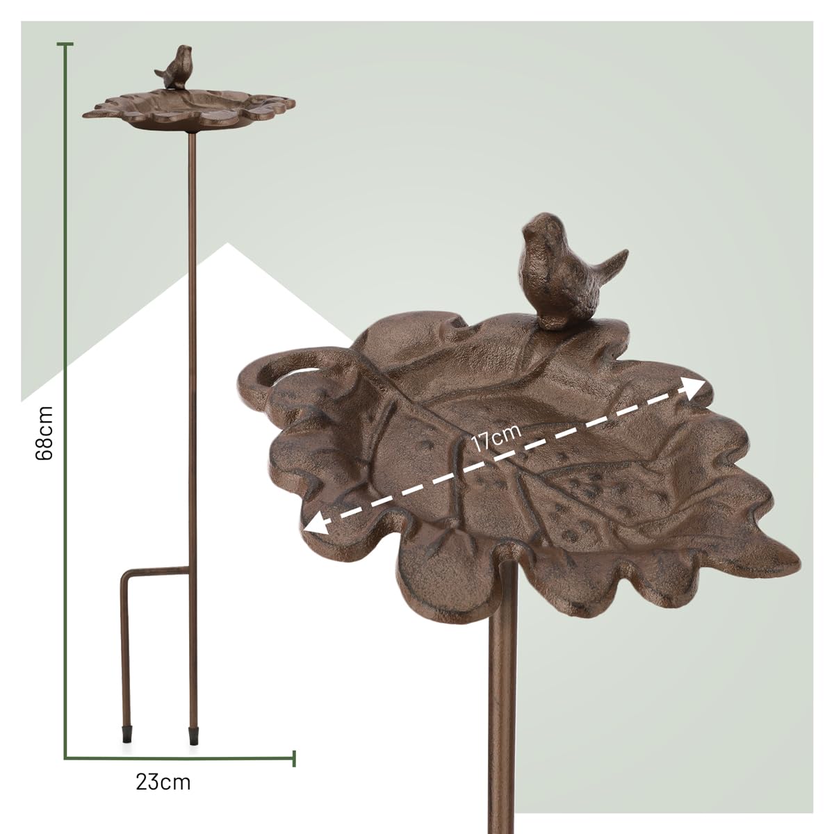 wildlife home Bain d'oiseaux debout sur piquet en fonte en forme de feuille - Bain d'oiseaux pour jardin, balcon - Résistant au gel - En fonte - Pour oiseaux sauvages