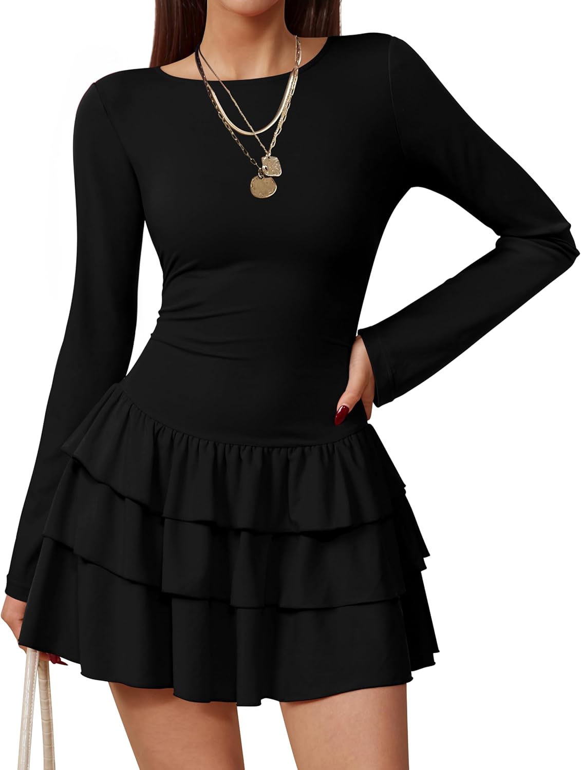 Women's Long Sleeve Boat Neck Tiered Ruffled Bodycon Slim Fit Party Club Mini Dress