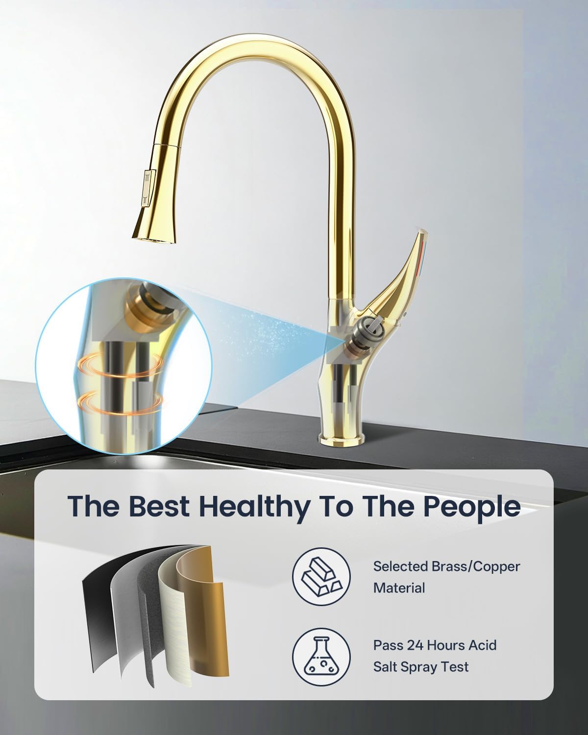 Kitchen Faucet with Pull Down Sprayer, Brass Faucet for Kitchen Sink, Bar Faucet with Ceramic Cartridge,Kitchen Sink for for RV, Bar, Farmhouse, Laundry, Outdoor (Standard, Brushed Zircon Gold)