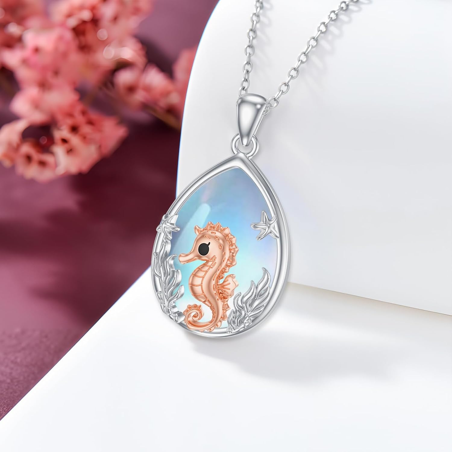Moonstone Seahorse Necklace for Women 925 Sterling Silver Seahorse Pendant Moonstone Ocean Animal Jewelry Gifts for Her