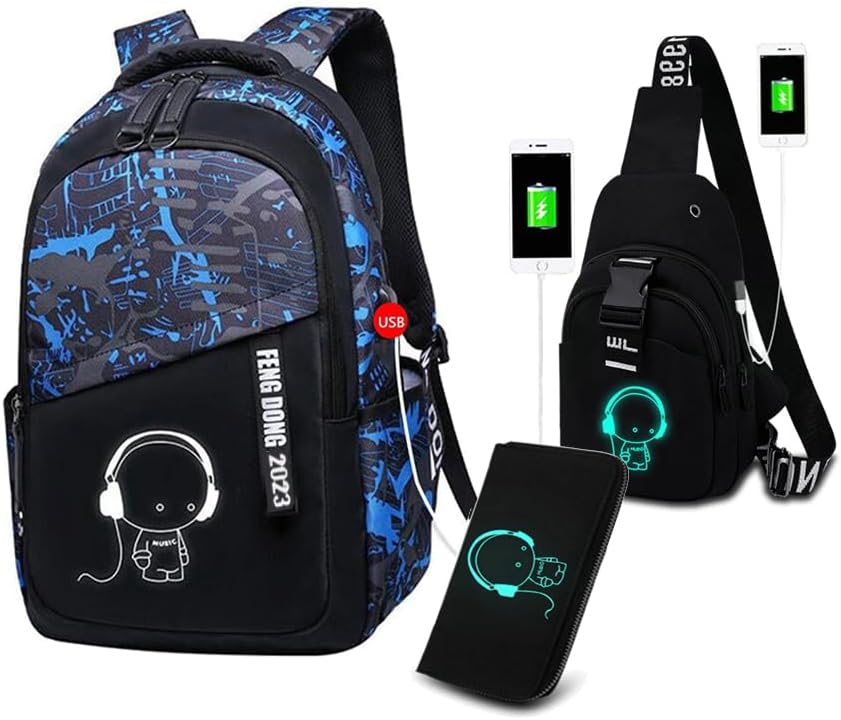 3 Sets Backpack for Boys,Primary Junior High University School Bookpack,Chest Crossbody Shoulder Bag and Wallet,Business Laptop Backpacks Bookbag for Teens Students College Travel Outdoor Camping