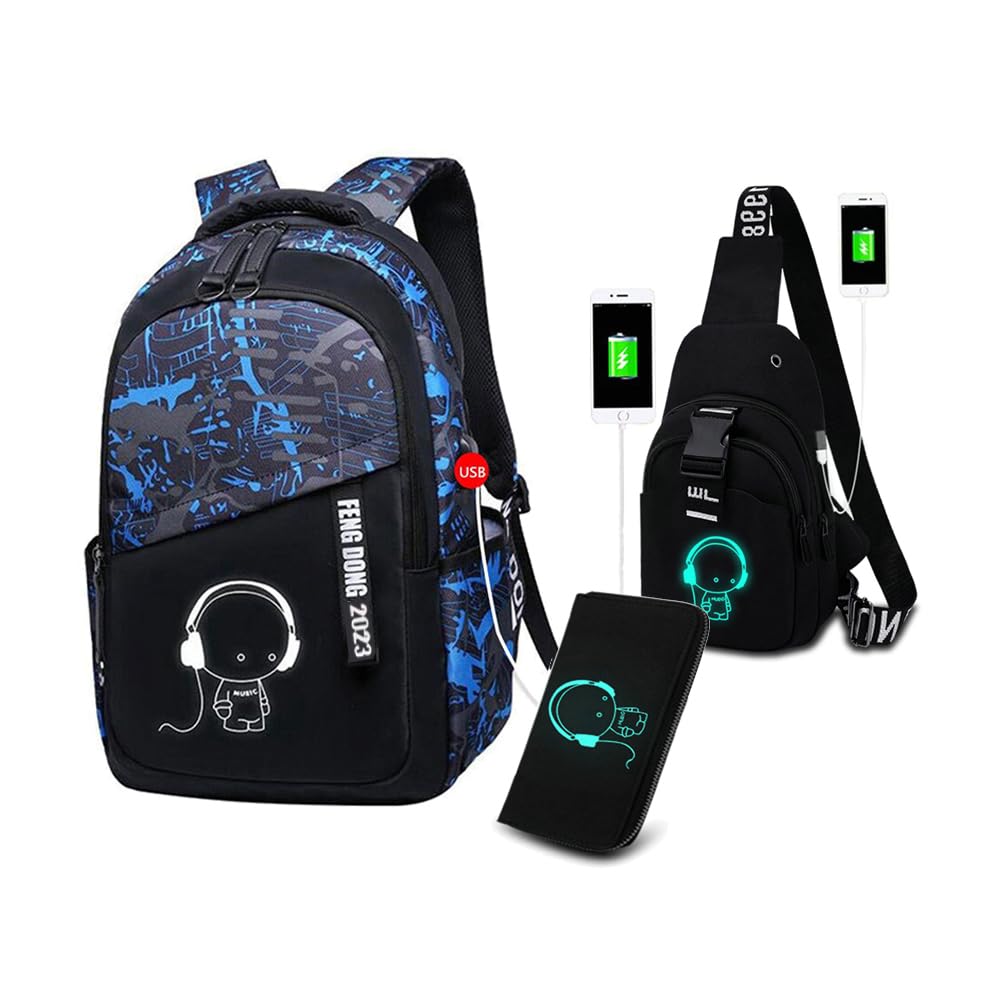 3 Sets Backpack for Boys,Primary Junior High University School Bookpack,Chest Crossbody Shoulder Bag and Wallet,Business Laptop Backpacks Bookbag for Teens Students College Travel Outdoor Camping