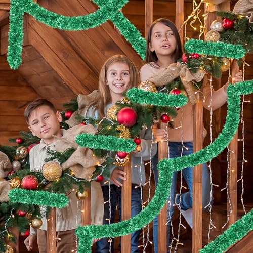 Image of 50 Ft Christmas Tinsel Garland Green Thick Tinsel Garland Xmas Tree Decorations Metallic Tinsel Twist Garland for Christmas, Birthday, Party Decor Indoor Outdoor Party Supplies