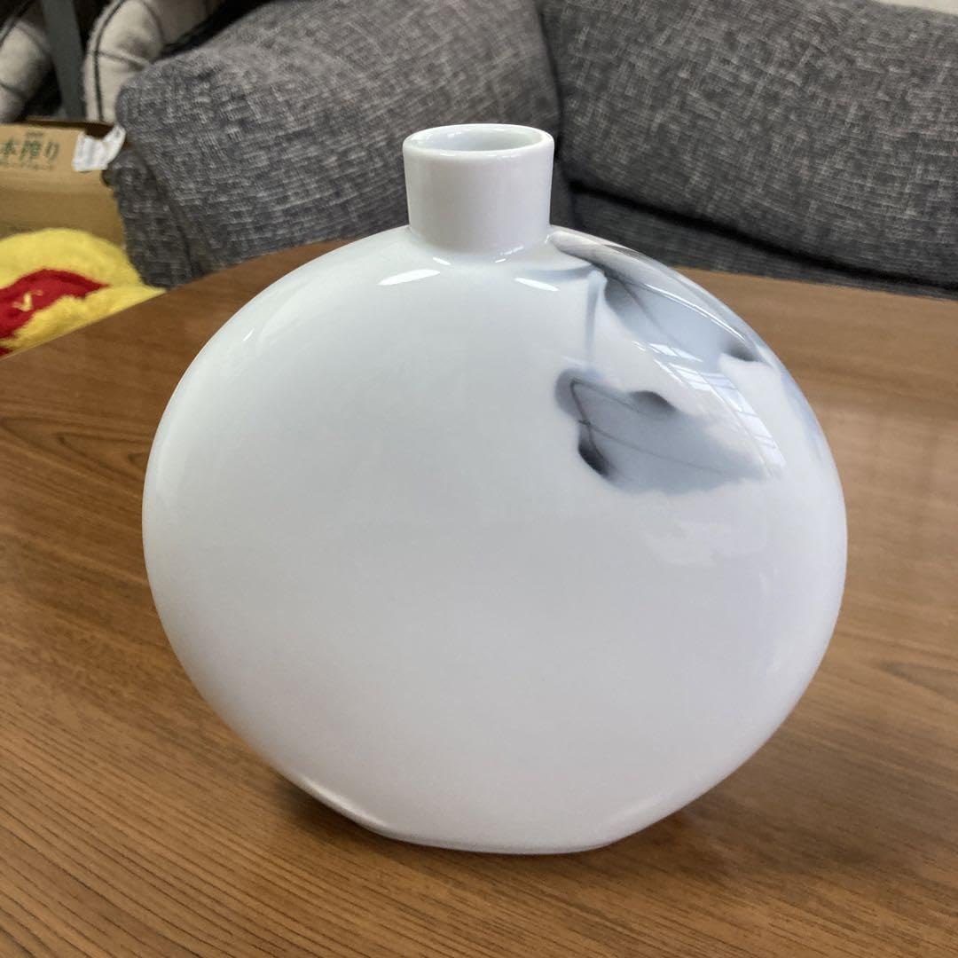 1569 深川製磁淡釉光彩薄墨白牡丹花瓶未使用