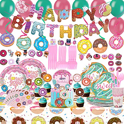 213 PCS Donut Party Decorations Donut Birthday Party Supplies Include Birthday Banner, Donut Plates, Cups Hanging Swirls, Balloons, Stickers for Kids Party, Grow up Birthday Party