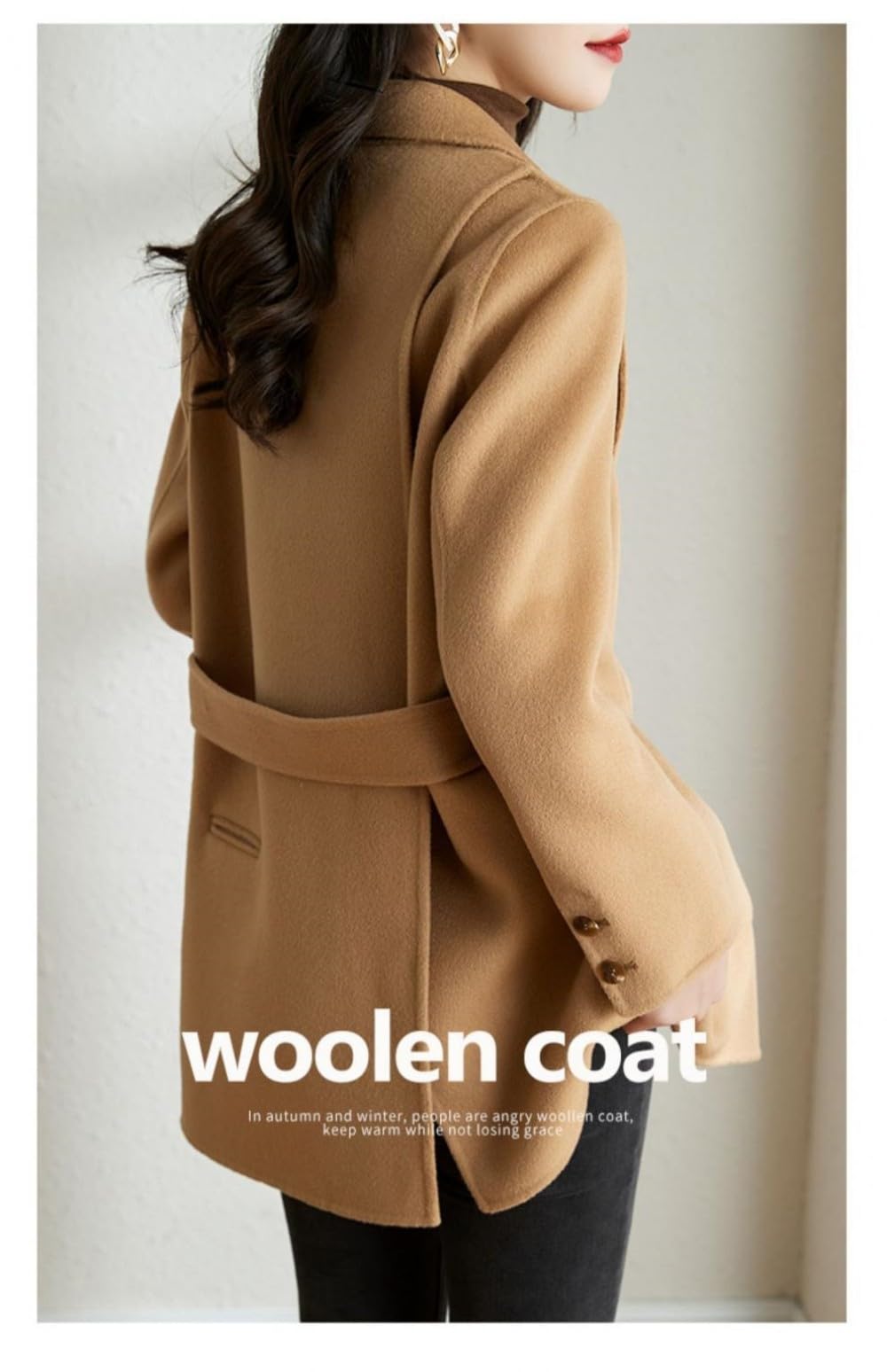 Damen Wollmäntel Für Den Winter,Lange Ärmel,Trenchcoat,Kamel,Gekerbtes Revers,Anzugjacke,Woll Oberbekleidung,Stilvolle Übergangsjacke Mit Knopfleiste Hinten Und Gürteltasche