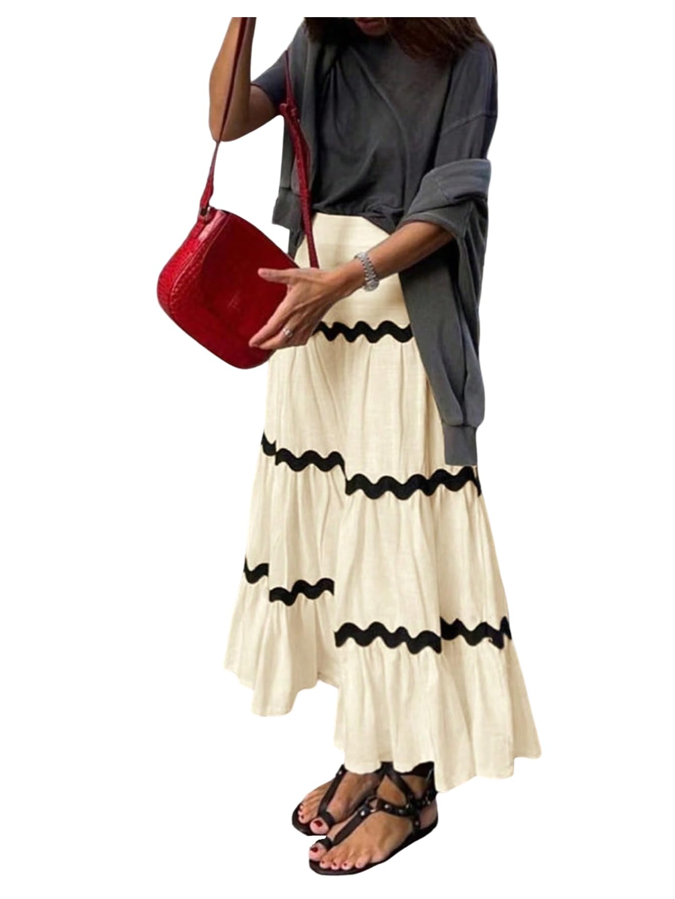 GORGLITTER Womens Boho Flowy Long Skirts Striped Ruffle Hem A Line Elastic Waist Casual Tiered Layer Maxi Skirts