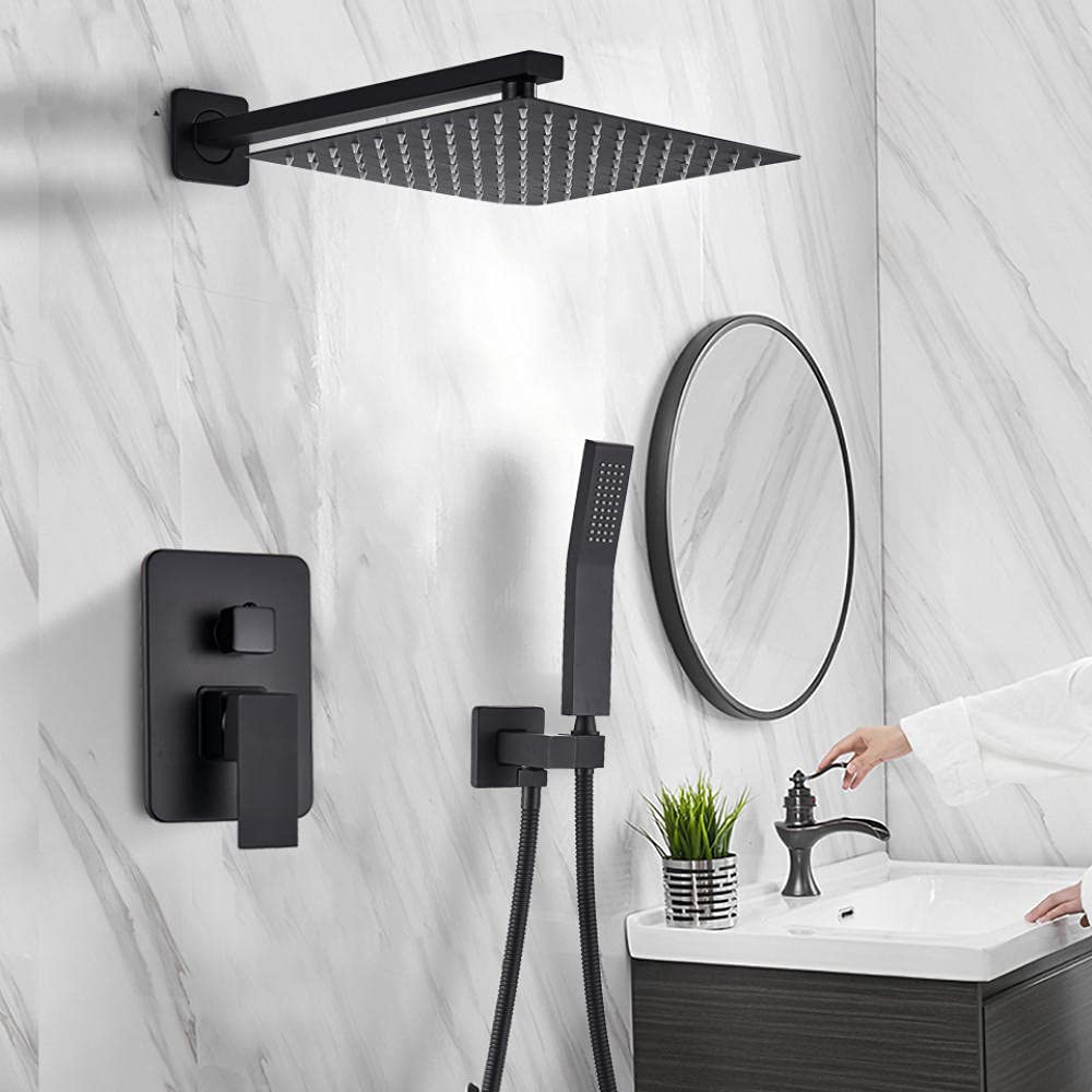 SBCGFY Shower Set Wall Mounted Shower Faucet Mixer Rainfall Bathroom Shower Tap With Handshower Rotate Black Bath Spout-8 Inch A,Size_Name-8 Inch A