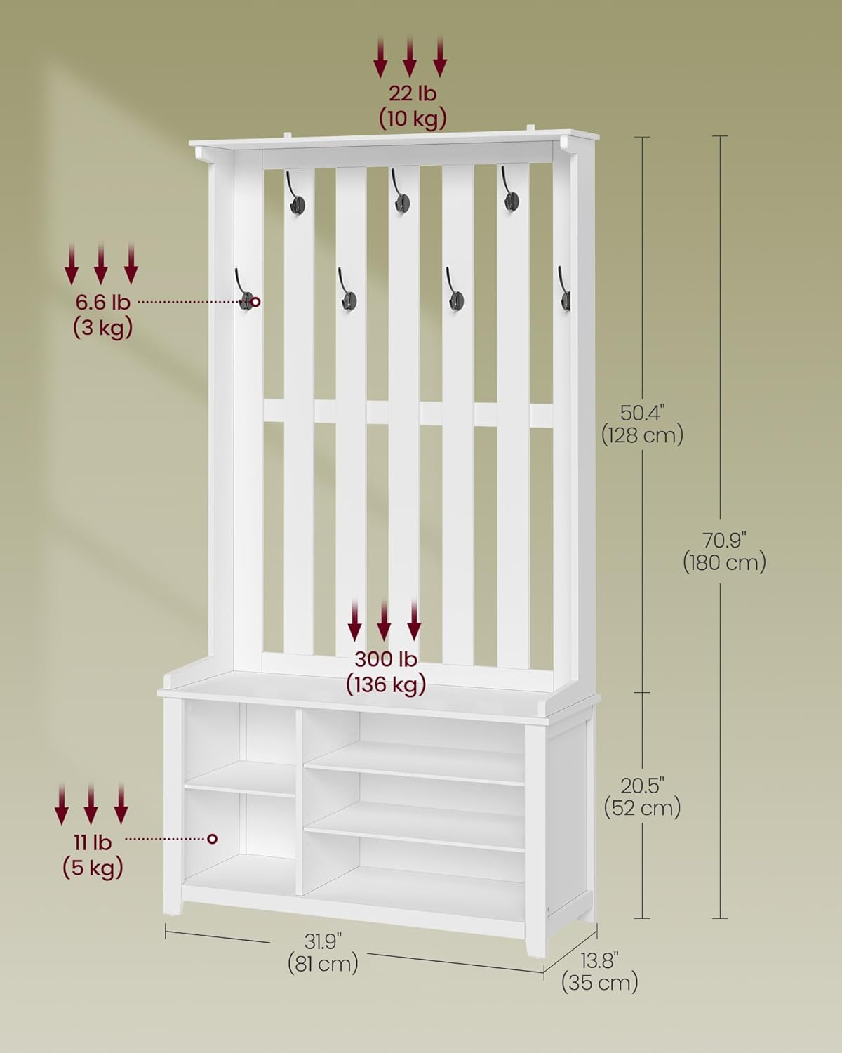 VASAGLE Hall Tree with Bench and Shoe Storage, Coat Rack with Shoe Bench, 7 Double Hooks for Jackets, Hats, Entryway, Bedroom, Living Room, 13.8 x 31.9 x 70.9 Inches, Matte White UHSR414WB01S