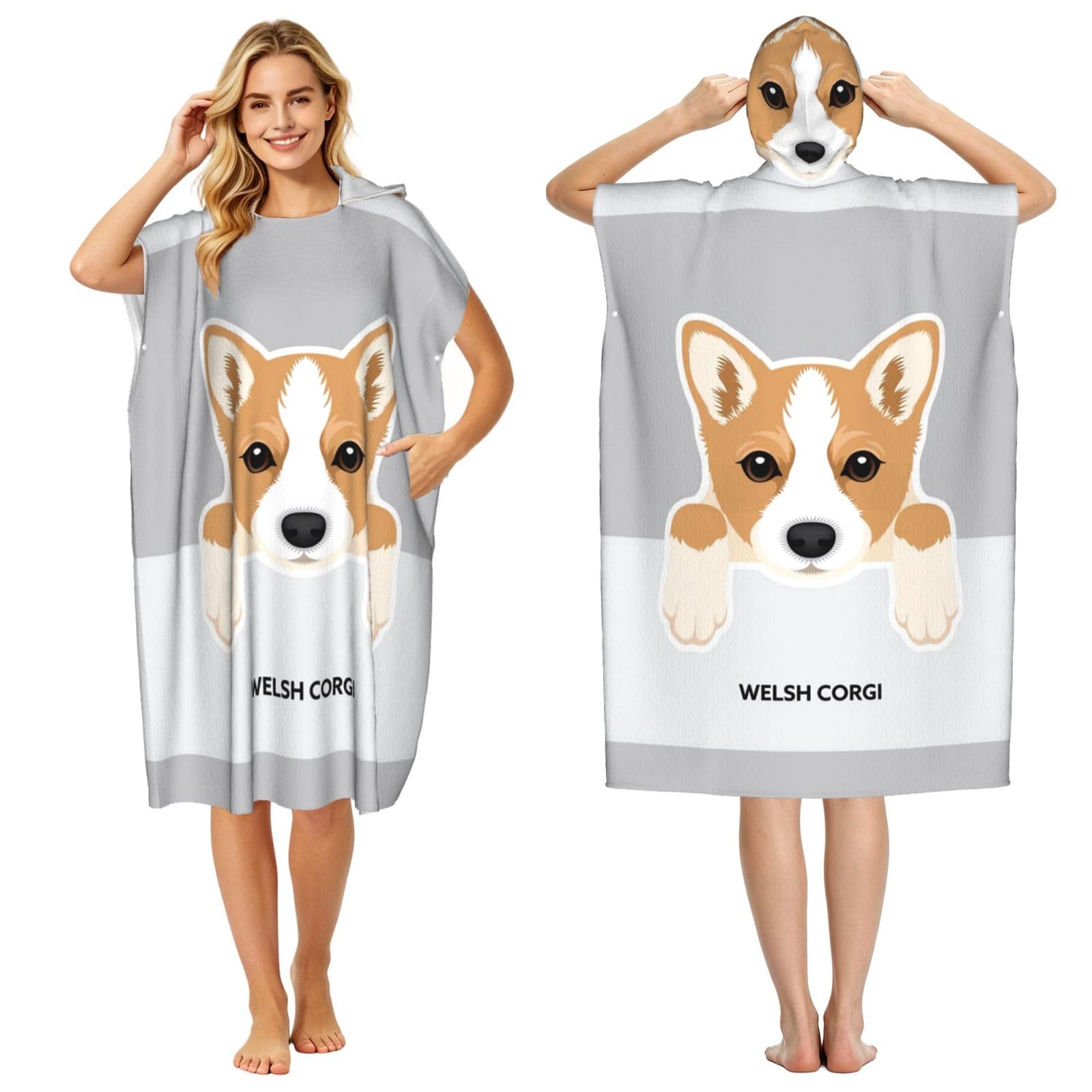 Poadnly Welsh Corgi Dog Print, Adult Hooded Beach Towel 90 x 110 cm,Changing Bath Robe, Surf Poncho Towel For Women Men