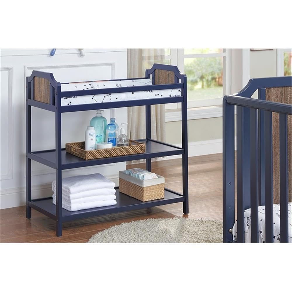 Pemberly Row Contemporary Wood Changing Table, Midnight Blue and Brownstone Finish, 36 in x 34.25 in x 18.75 in, Safety Rails, 2-Shelf Nursery Storage Unit for Baby Diaper Changes