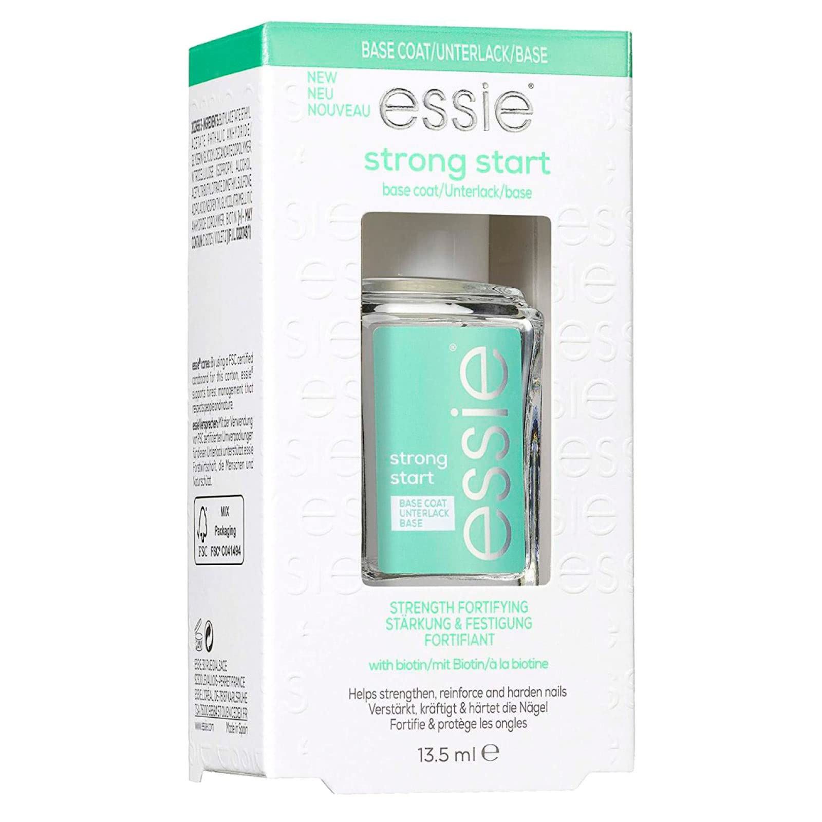 Essie Smalto Base Coat Indurente Strong Start con Biotina Colore Trasparente + Essie Smalto Top Coat Asciugatura Rapida Finish Brillante Colore Trasparente