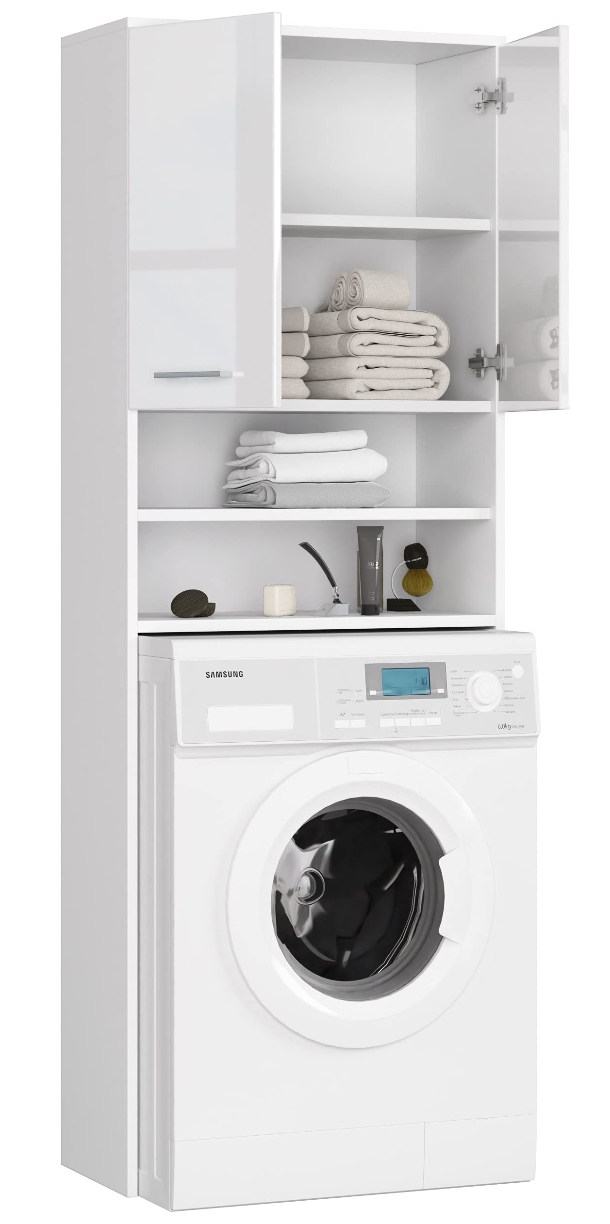 Home Collective Mobile per lavatrice 64x30x180 cm, mobile alto da bagno, con 2 ante e 4 ripiani mobiletto da bagno mensola da bagno corridoio bianco lucido