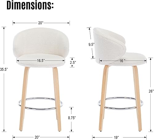 Miniatura 3 de LukeAlon Juego de 2 taburetes modernos de sherpa, tapizados de 26 pulgadas de altura de asiento bajos con patas de madera, sillas de barra de altura