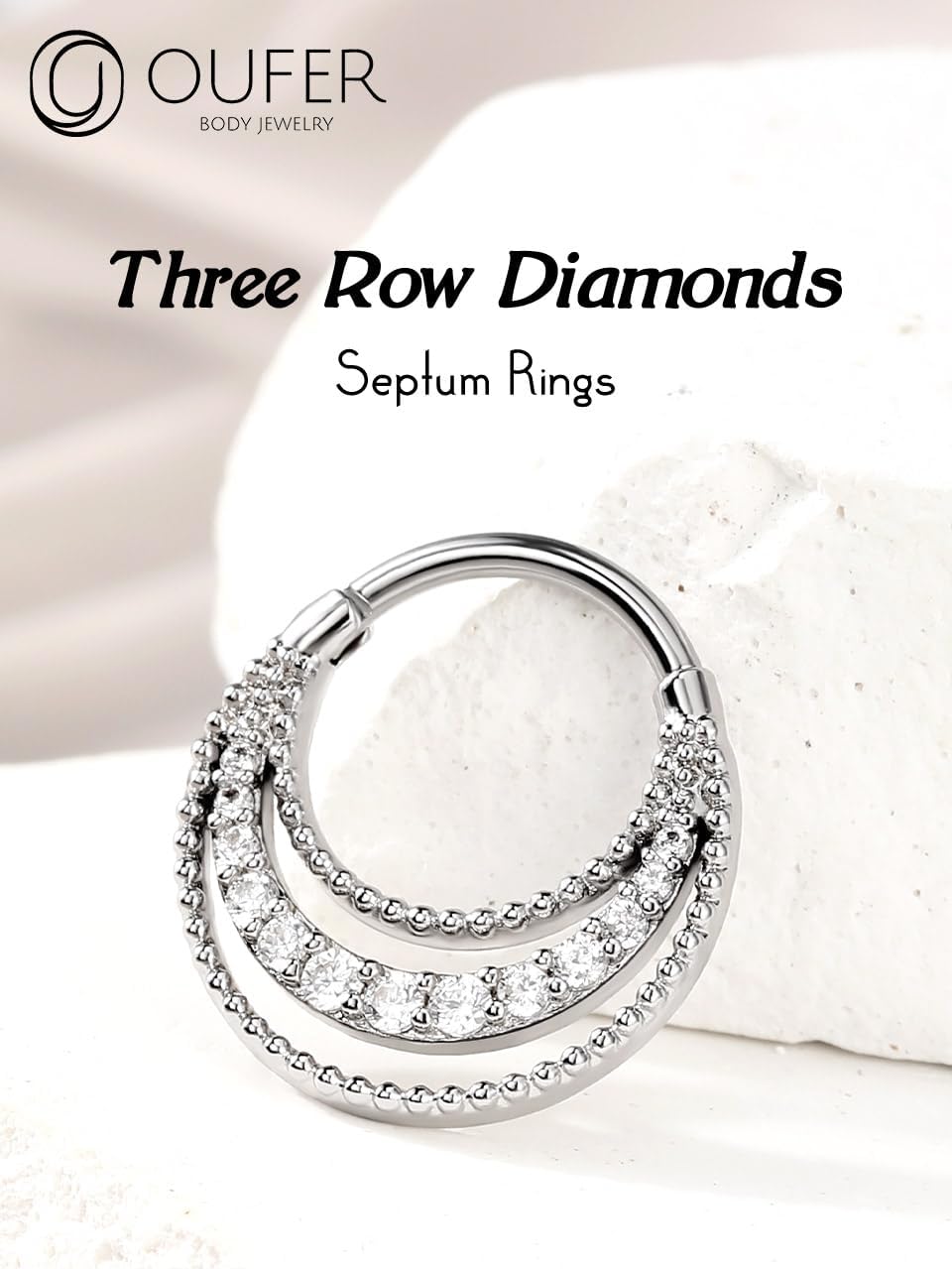 OUFER Septum Rings 16G, Three Rows Paved Shiny Clear CZ Septum Jewelry, 316L Stainless Steel Septum Piercing Jewelry, Helix Cartilage Conch Daith Piercing Jewelry For Women And Men - Image 3