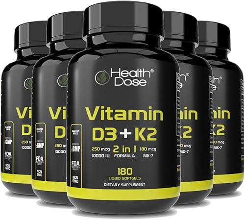 Miniatura 1 de Health Dose Suplemento de vitamina D3 + K2. Fórmula 2 en 1. Apoyo inmunológico. 180 ct. Paquete de 5