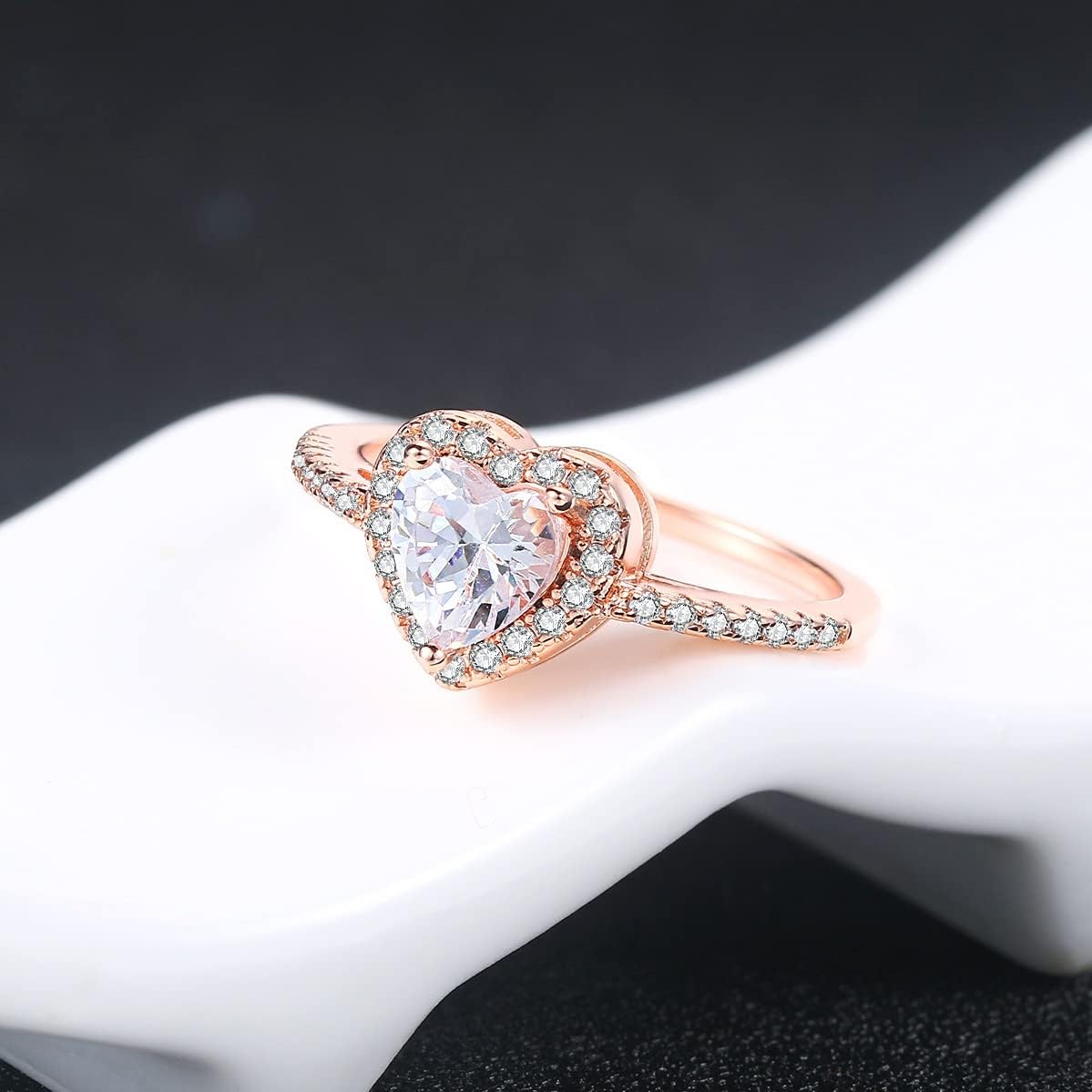 Classic 18k Rose Gold Plated Heart Rings for Women Cubic Zirconia Simulation Diamond Wedding Engagement Rings Eternity Bridal Band Halo Rings (US size 7) - Image 3