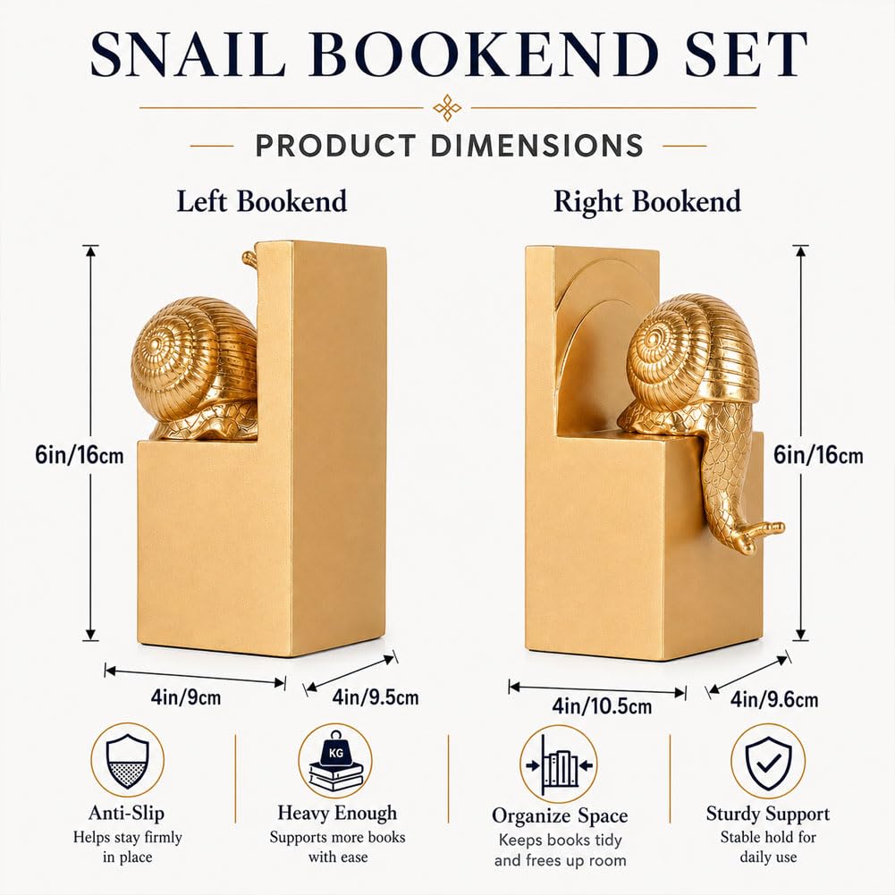 Set di 2 fermalibri decorativi a forma di lumaca dorata, fermalibri decorativi in resina pesante per mensole, supporti per libri antiscivolo, per libreria, scrivania, ufficio, biblioteca