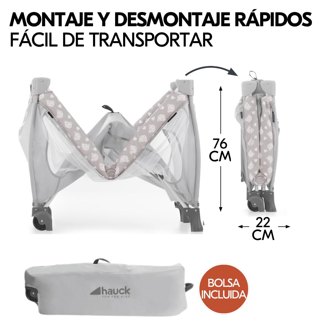 hauck Sleep N Play Center Set Cuna de Viaje Bebe – Teddy Grey | Con colchón, mosquitera, cambiador y elevador recién nacido | Parque infantil plegable y bolsa