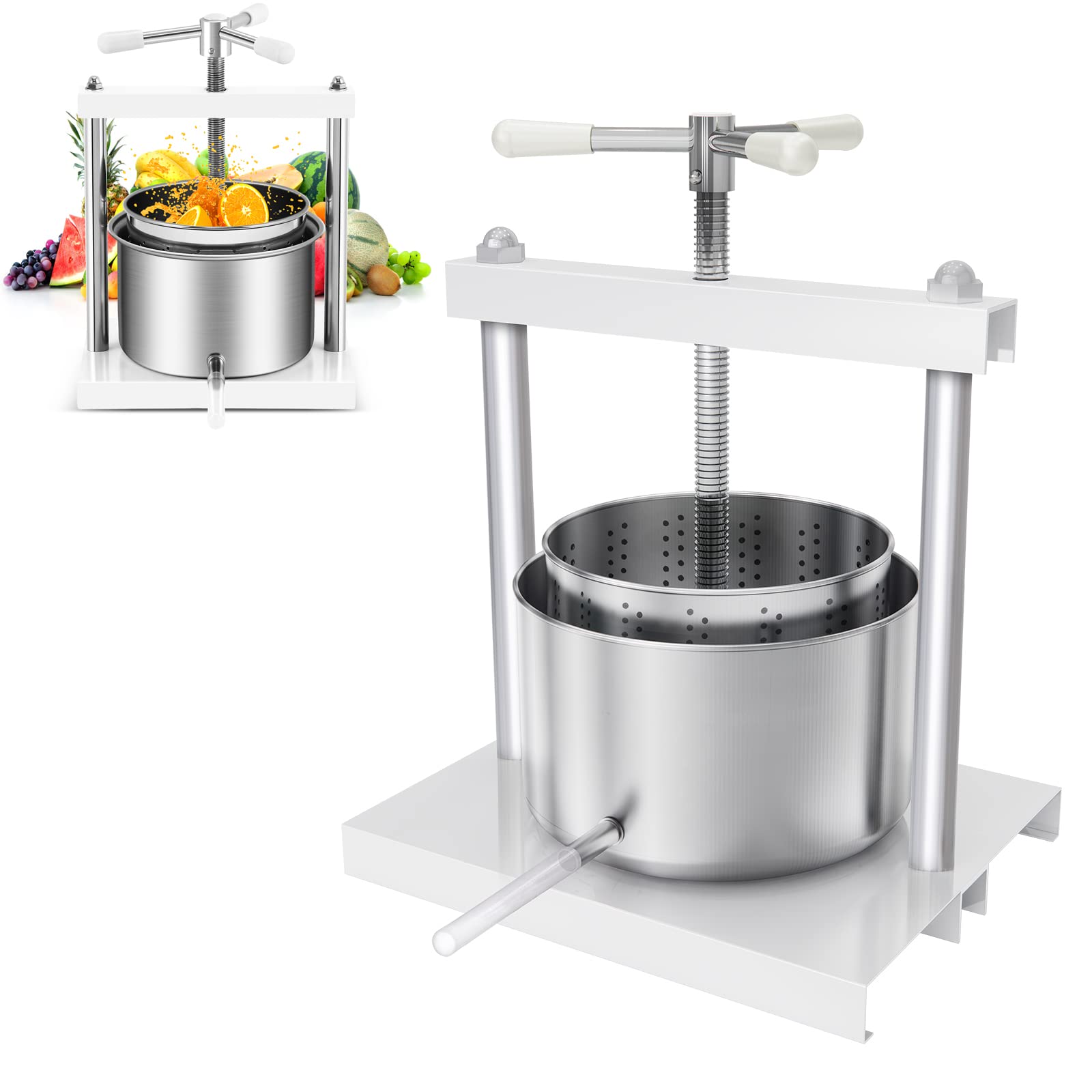 Aufun prensa de frutas 5L cesta de acero inoxidable, prensa de frutas prensa de vino 430 de acero, prensado de uvas, frutas, carne, hierbas, grasa, queso vegetal (5L)