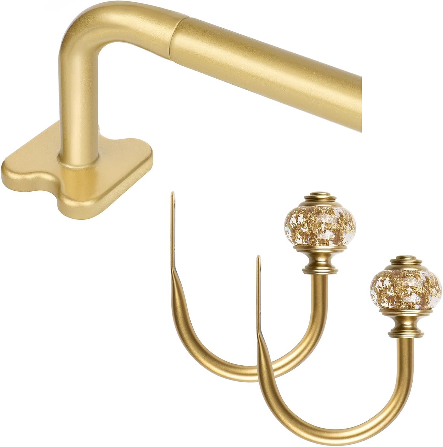 Gold Wrap Around Curtain Rod for Windows 66 to 120 Inch and 2 Pack Curtain Holdbacks for Wall with Black Translucent Finials, Room Darkening Drapery Rods(bundles)