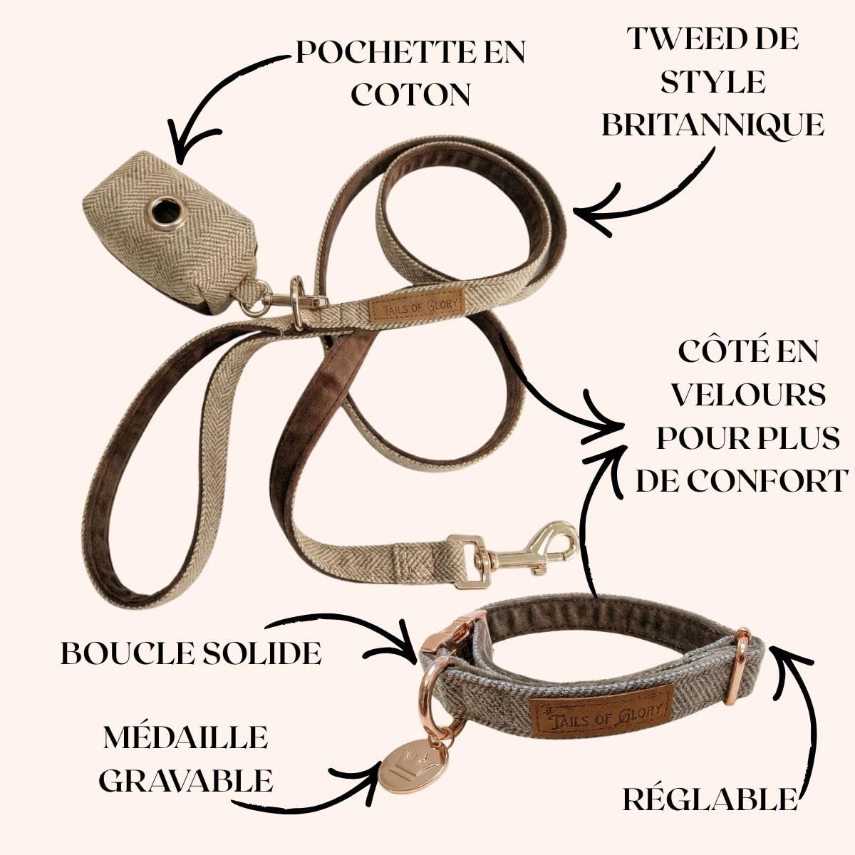 Ensemble Promenade Chien 3 pièces, Collier, Laisse 150 cm et Porte-Sacs | Tails of Glory : ensemble collier chien réglable, laisse 150 cm et porte-sacs en tweed anglais et velours doux