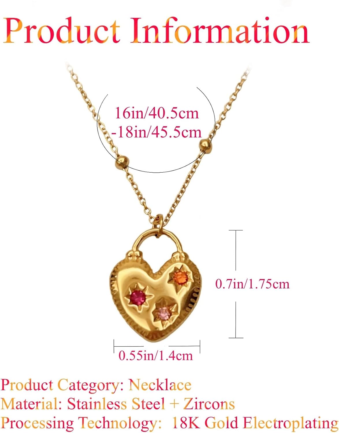 Fashion Versatile Stainless Steel 18K Gold Plated Pink Zircon Love Lock Square Pendant Star Gold Necklace Natural Stone Beads Jewelry