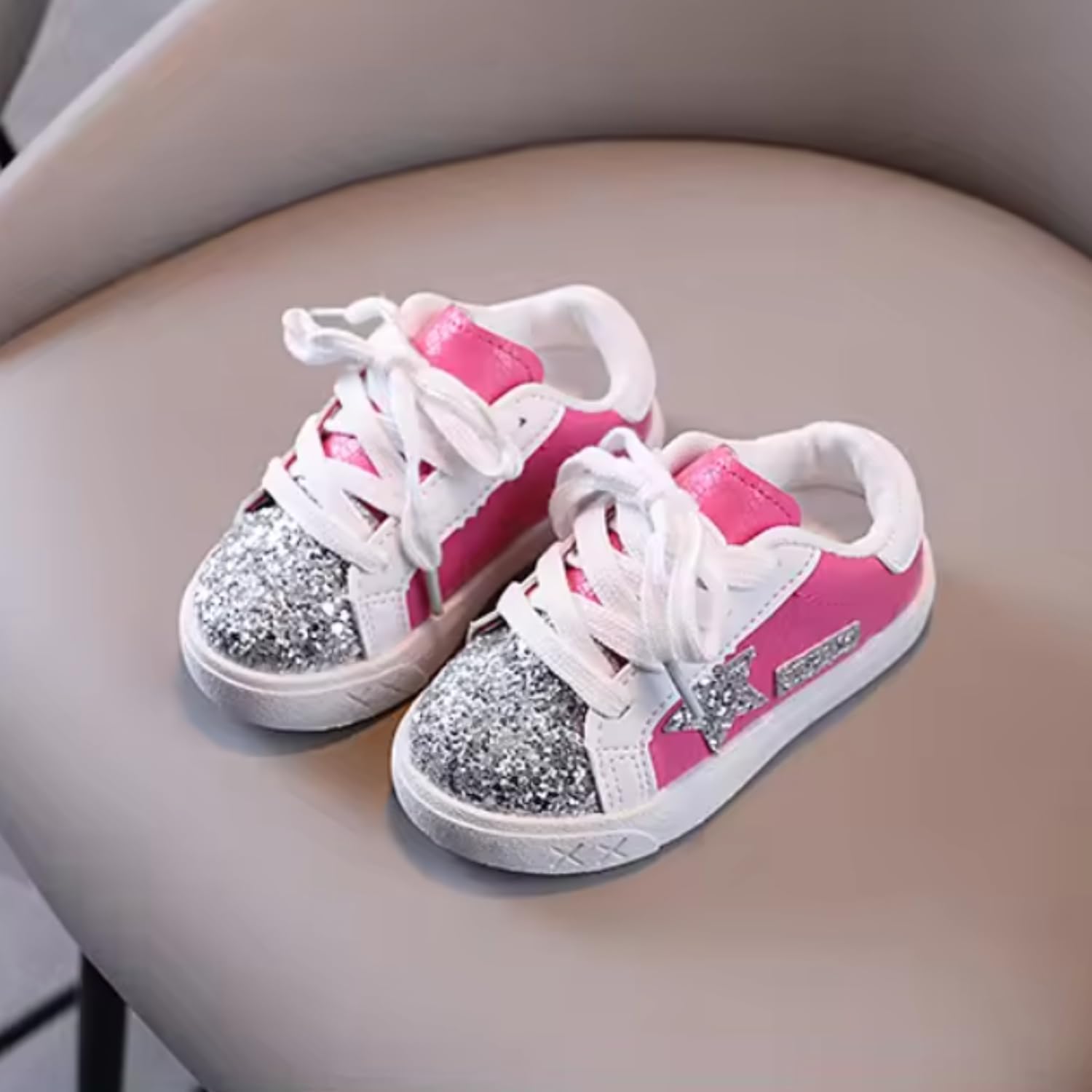Baby Girls Shoes, Glitter Star Sneakers with Laces | Ages 2-5 y/o | Pink & Purple, Hot Pink, B&W