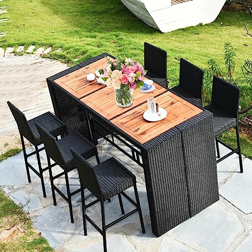 Image of DEVOKO Patio Table and Chairs, All Weather Wicker Outdoor Furniture Bar Dining Set with 6 Chairs and Removable Cushions, Patio Seating Sets for Backyards, Porches, Lawn (Black and White)