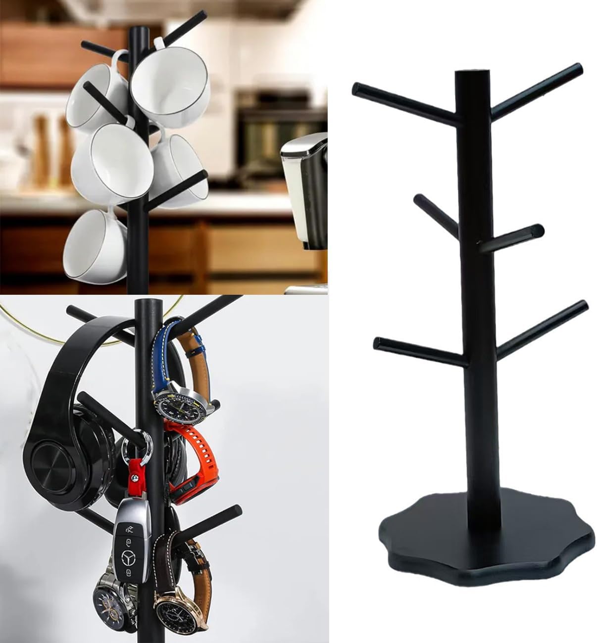 coffee cup tree, mug holder with 6 hooks for countertop, bamboo mug cup tree stand for coffee bar accessories and orgnizer, coffee mugs dryer (black)