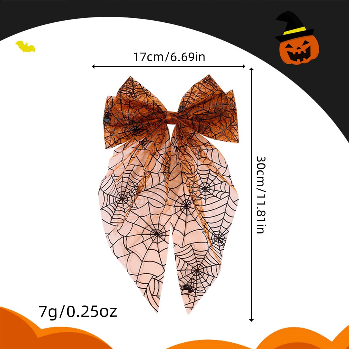 2Pcs Halloween Hair Accessories Orange Spider Web Print Sheer Hair Bows Large Mesh Long Tail Bow Clips with Pumpkin Eyeball Design Cute Horror Hair Bow for Halloween Cosplay Costume Hair